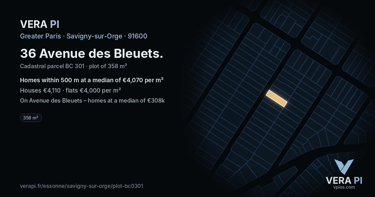 36 Avenue des Bleuets, Savigny-sur-Orge at night – the plot lit, the parcels around coloured by the prices near them