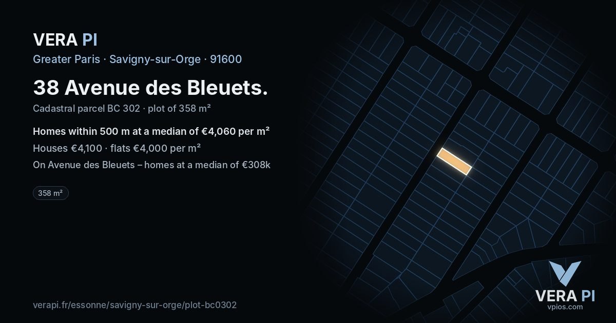 38 Avenue des Bleuets, Savigny-sur-Orge at night – the plot lit, the parcels around coloured by the prices near them