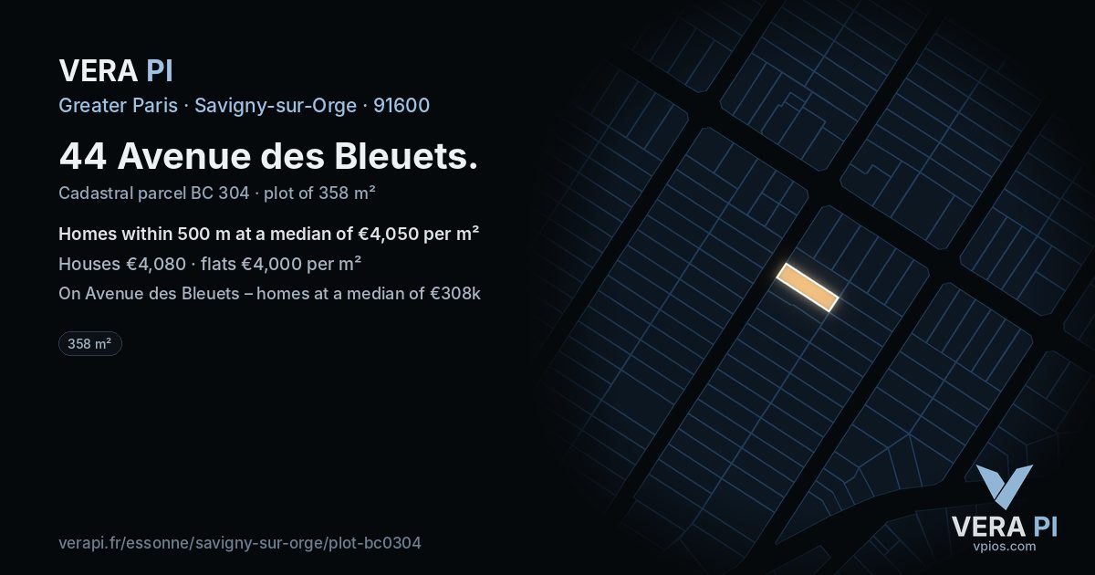 44 Avenue des Bleuets, Savigny-sur-Orge at night – the plot lit, the parcels around coloured by the prices near them