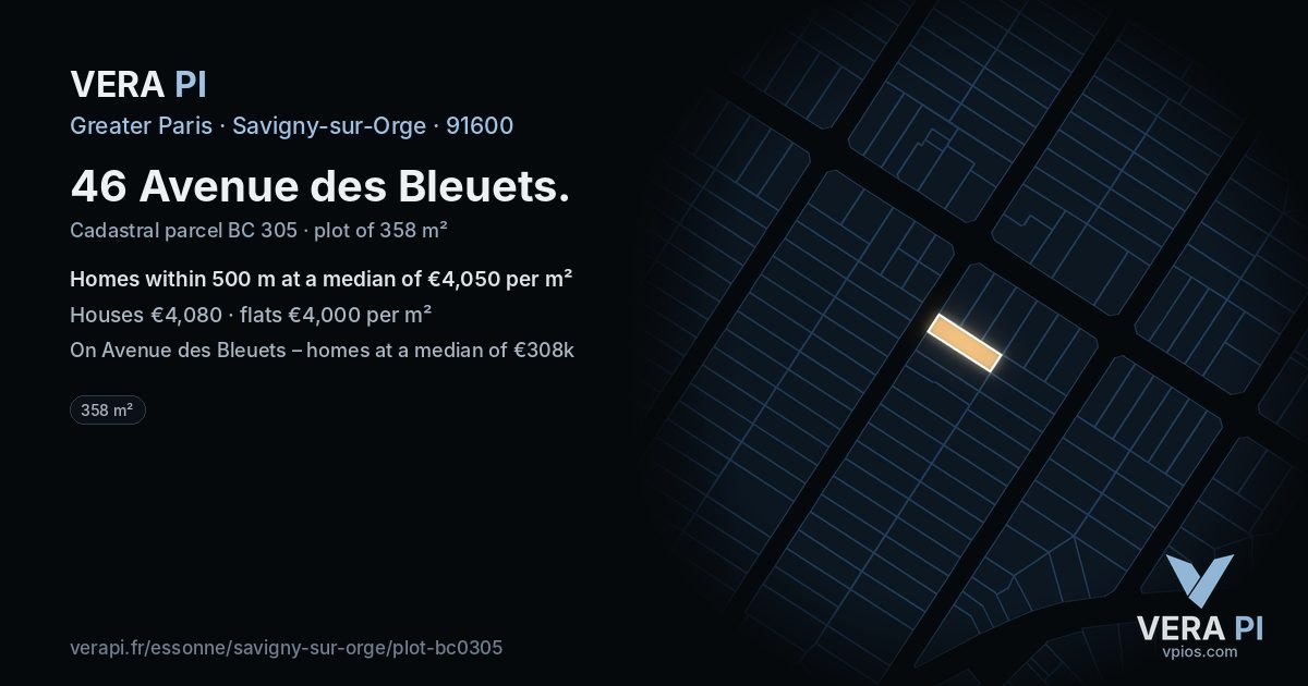 46 Avenue des Bleuets, Savigny-sur-Orge at night – the plot lit, the parcels around coloured by the prices near them