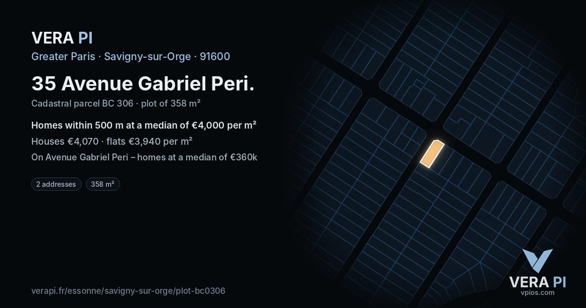 35 Avenue Gabriel Peri, Savigny-sur-Orge at night – the plot lit, the parcels around coloured by the prices near them