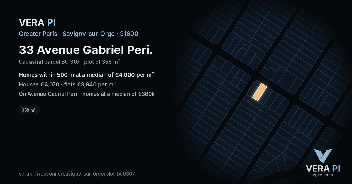 33 Avenue Gabriel Peri, Savigny-sur-Orge at night – the plot lit, the parcels around coloured by the prices near them