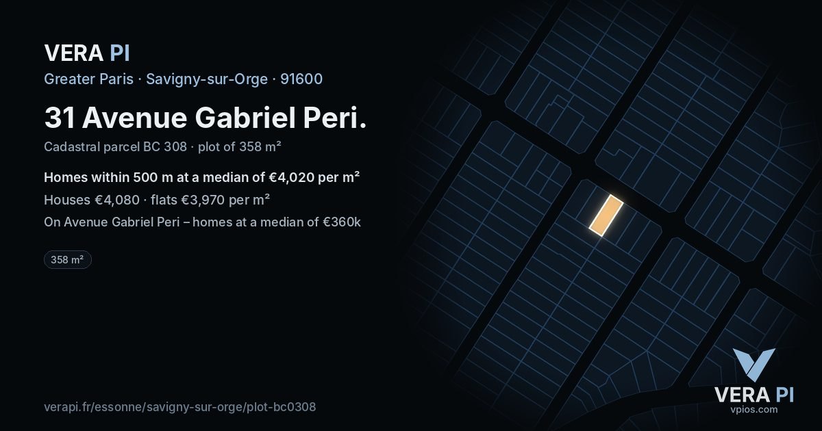 31 Avenue Gabriel Peri, Savigny-sur-Orge at night – the plot lit, the parcels around coloured by the prices near them