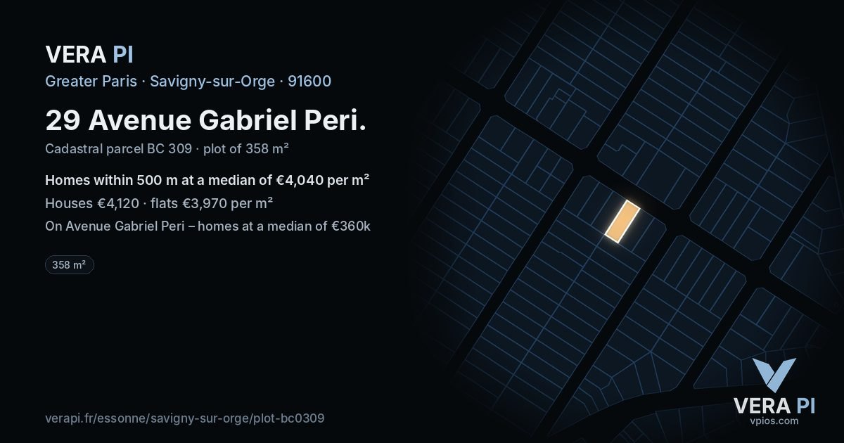 29 Avenue Gabriel Peri, Savigny-sur-Orge at night – the plot lit, the parcels around coloured by the prices near them