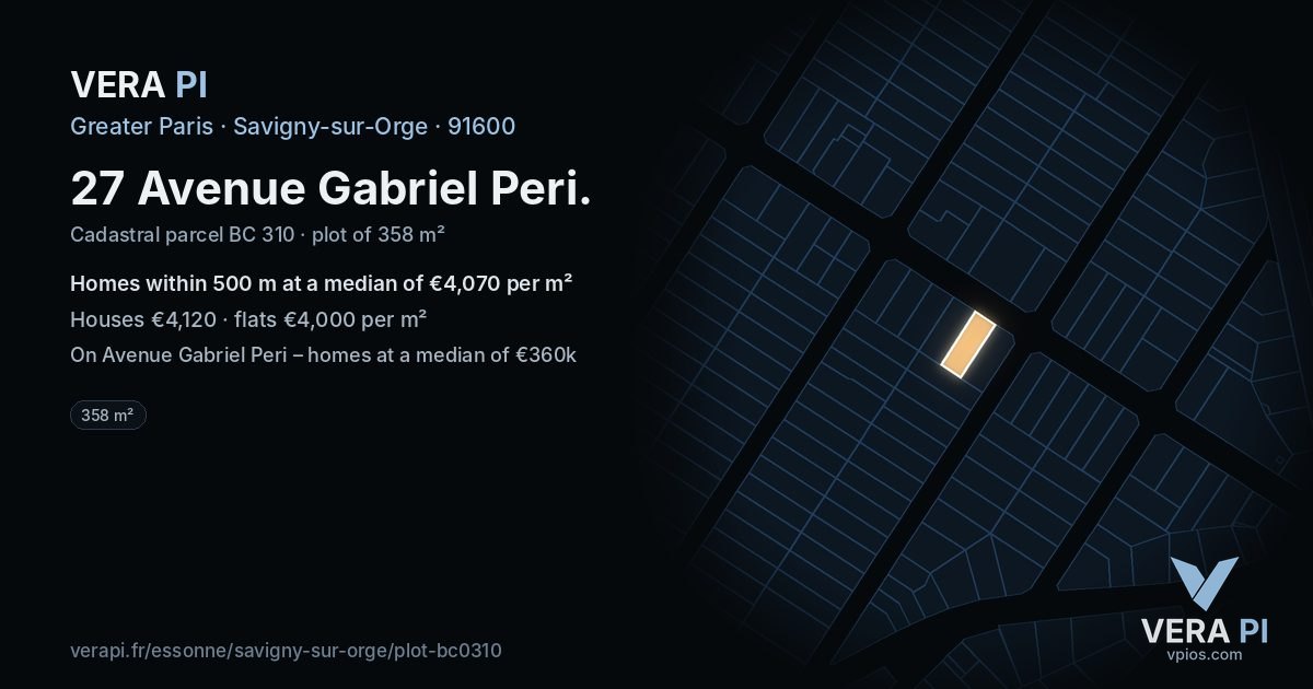 27 Avenue Gabriel Peri, Savigny-sur-Orge at night – the plot lit, the parcels around coloured by the prices near them