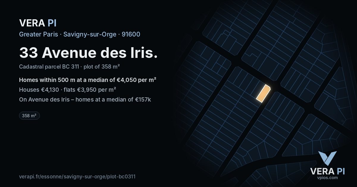 33 Avenue des Iris, Savigny-sur-Orge at night – the plot lit, the parcels around coloured by the prices near them