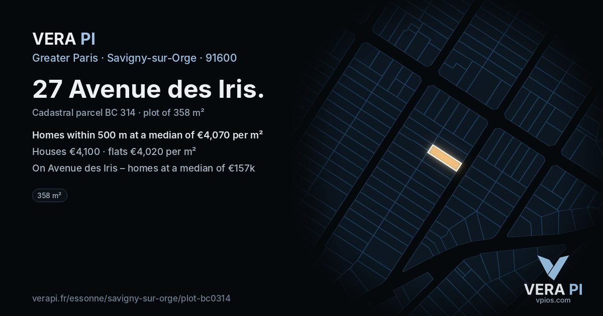 27 Avenue des Iris, Savigny-sur-Orge at night – the plot lit, the parcels around coloured by the prices near them