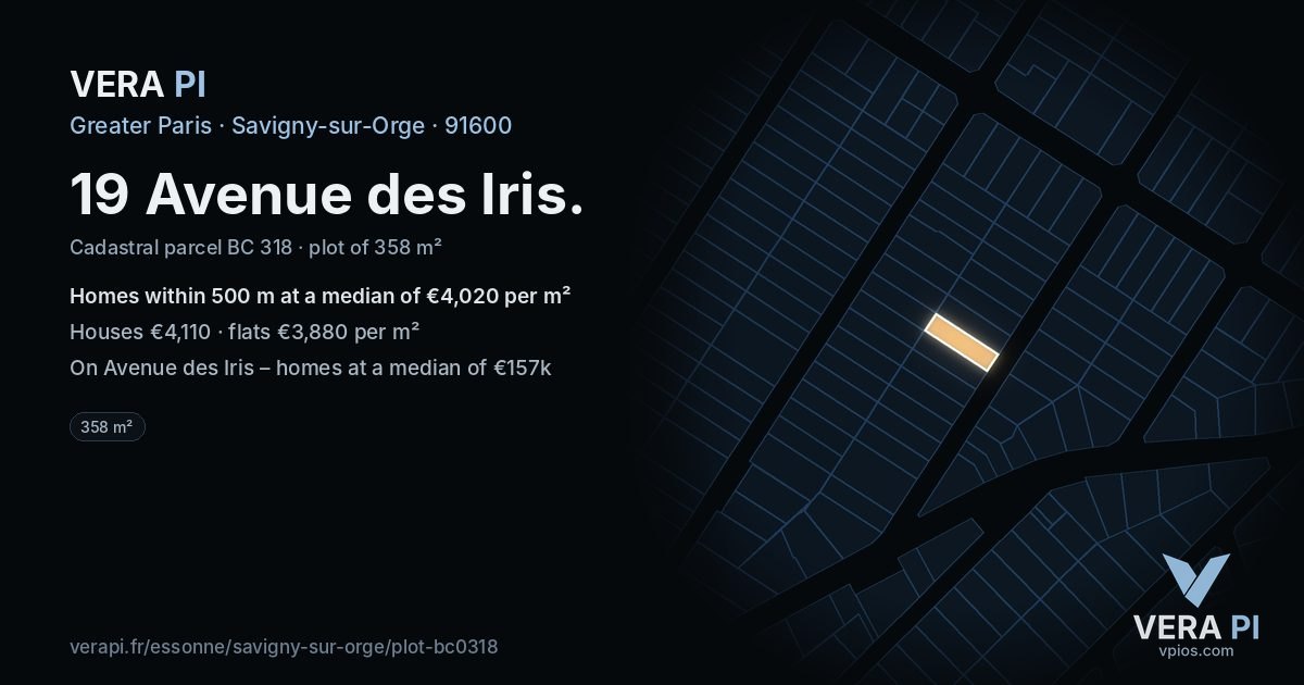 19 Avenue des Iris, Savigny-sur-Orge at night – the plot lit, the parcels around coloured by the prices near them