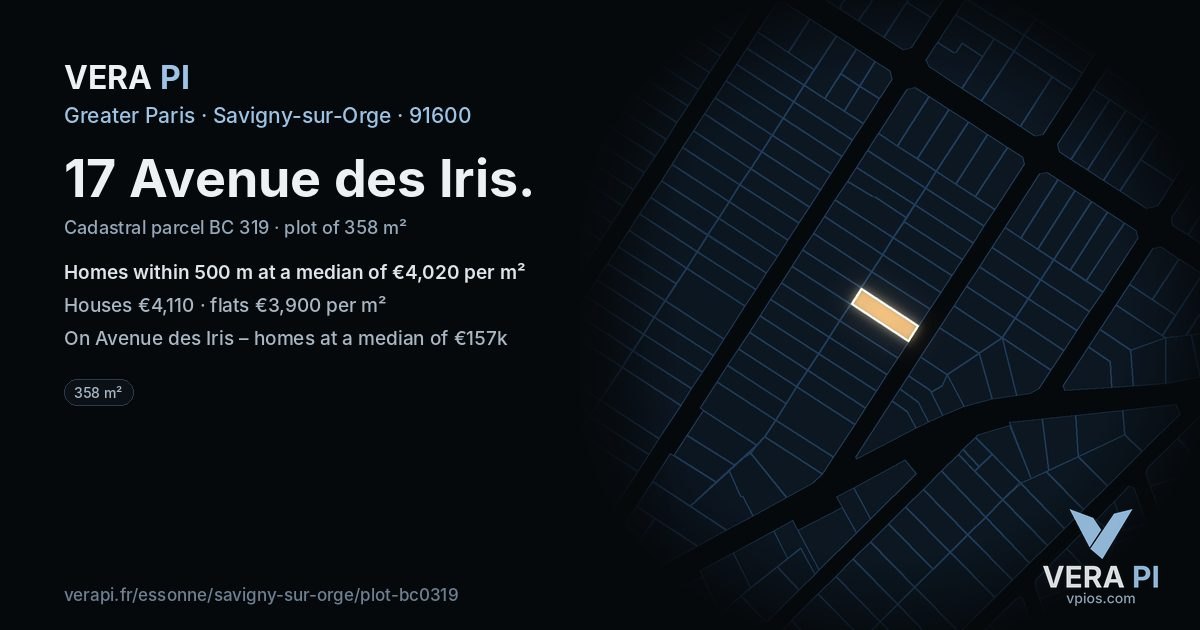 17 Avenue des Iris, Savigny-sur-Orge at night – the plot lit, the parcels around coloured by the prices near them