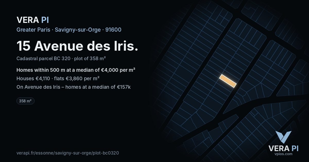 15 Avenue des Iris, Savigny-sur-Orge at night – the plot lit, the parcels around coloured by the prices near them