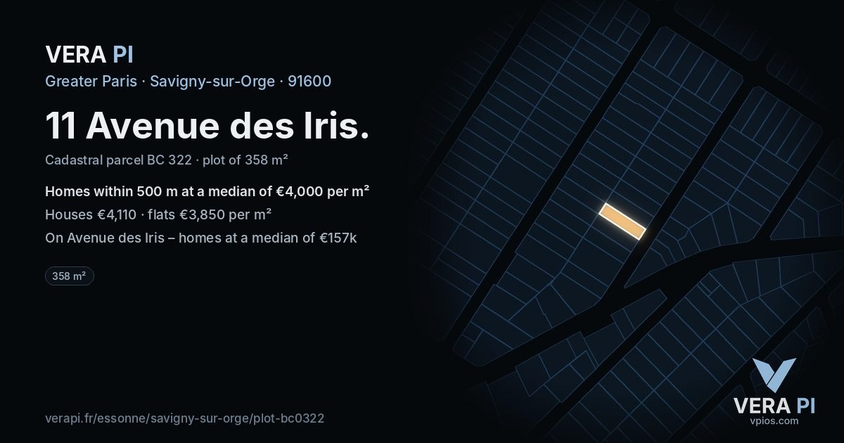 11 Avenue des Iris, Savigny-sur-Orge at night – the plot lit, the parcels around coloured by the prices near them