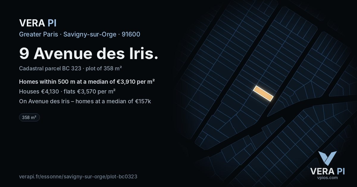 9 Avenue des Iris, Savigny-sur-Orge at night – the plot lit, the parcels around coloured by the prices near them