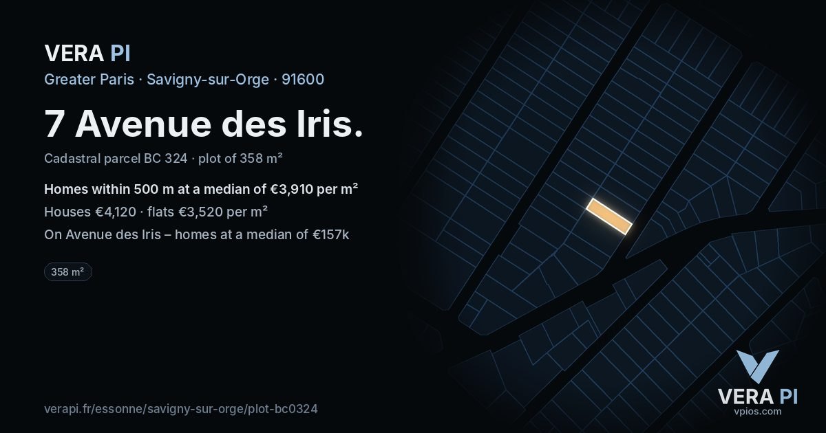 7 Avenue des Iris, Savigny-sur-Orge at night – the plot lit, the parcels around coloured by the prices near them