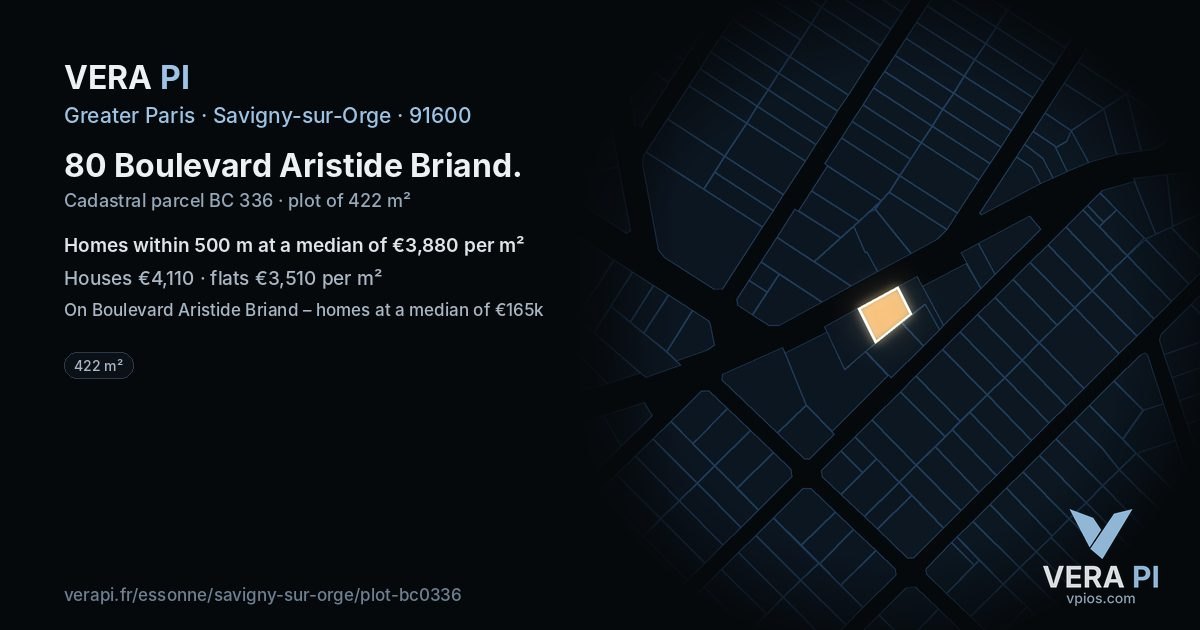 80 Boulevard Aristide Briand, Savigny-sur-Orge at night – the plot lit, the parcels around coloured by the prices near them