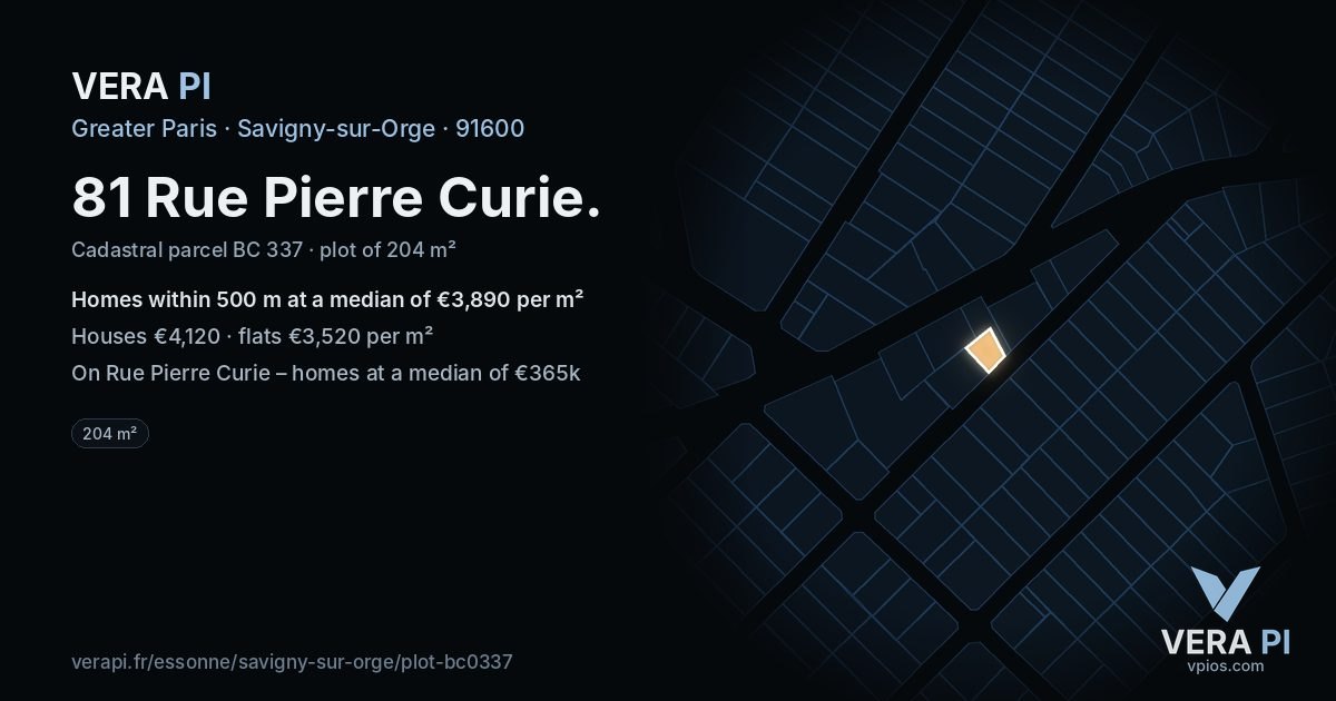 81 Rue Pierre Curie, Savigny-sur-Orge at night – the plot lit, the parcels around coloured by the prices near them