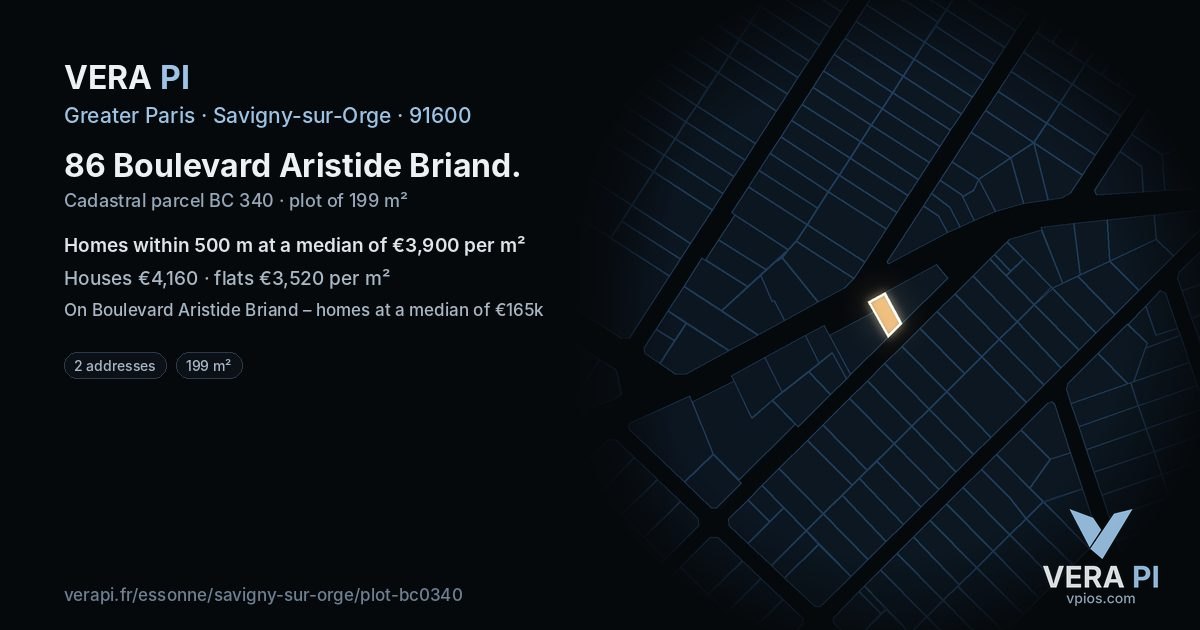 86 Boulevard Aristide Briand, Savigny-sur-Orge at night – the plot lit, the parcels around coloured by the prices near them