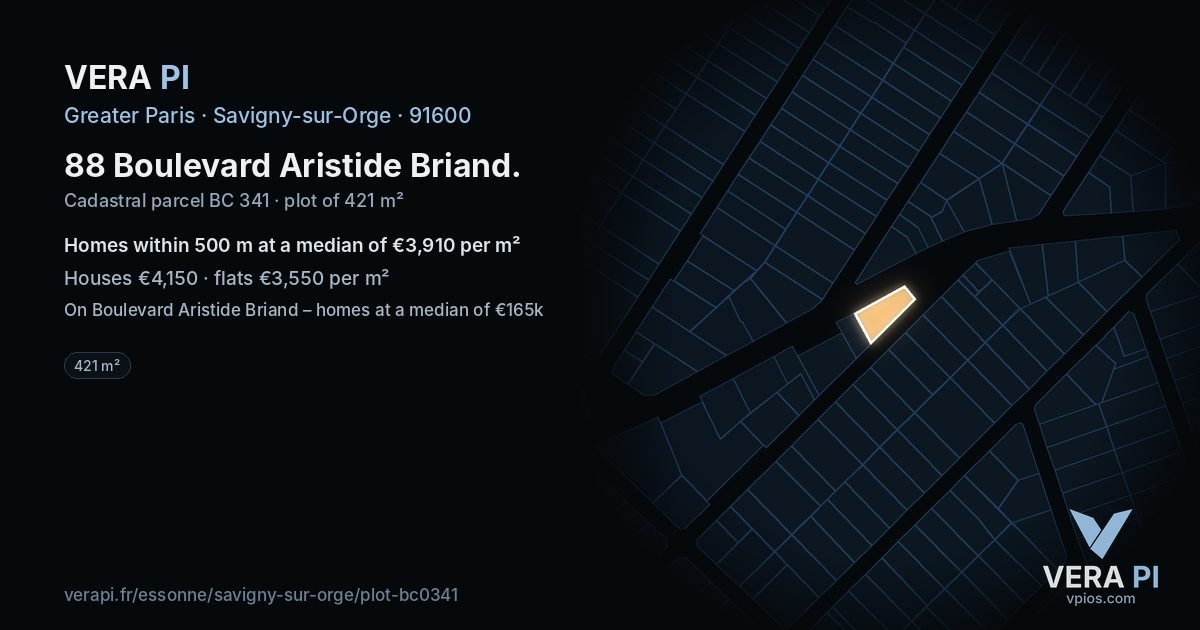 88 Boulevard Aristide Briand, Savigny-sur-Orge at night – the plot lit, the parcels around coloured by the prices near them