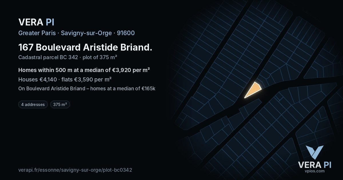 167 Boulevard Aristide Briand, Savigny-sur-Orge at night – the plot lit, the parcels around coloured by the prices near them