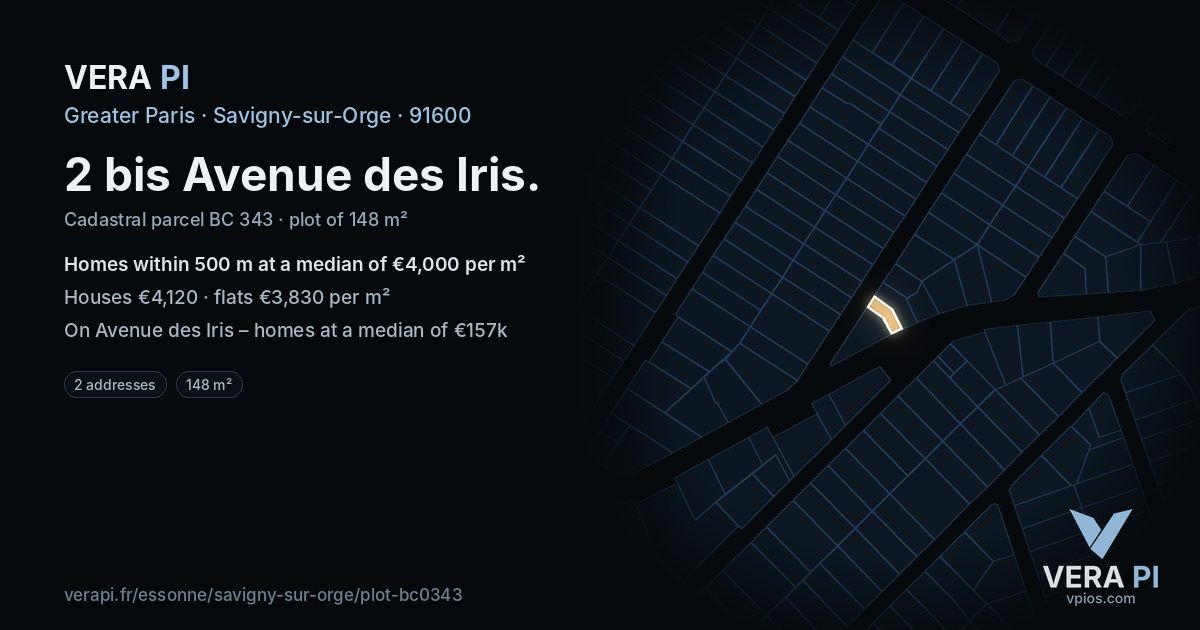 2 bis Avenue des Iris, Savigny-sur-Orge at night – the plot lit, the parcels around coloured by the prices near them