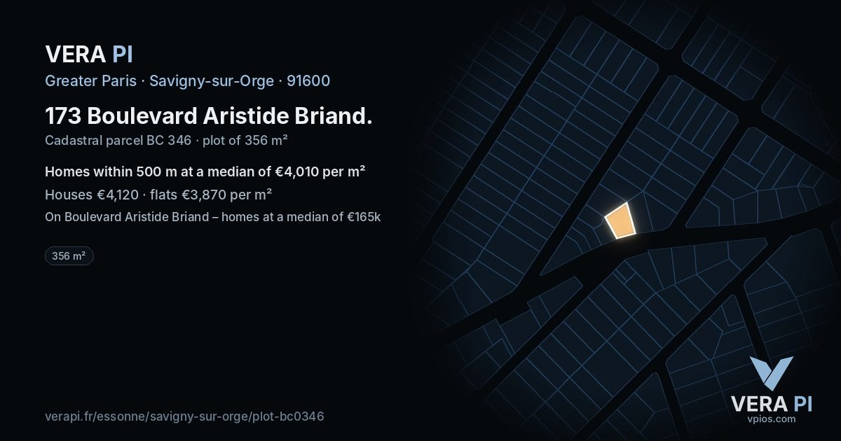 173 Boulevard Aristide Briand, Savigny-sur-Orge at night – the plot lit, the parcels around coloured by the prices near them
