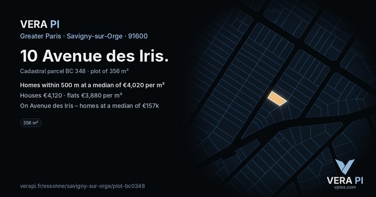 10 Avenue des Iris, Savigny-sur-Orge at night – the plot lit, the parcels around coloured by the prices near them