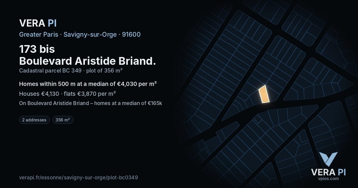 173 bis Boulevard Aristide Briand, Savigny-sur-Orge at night – the plot lit, the parcels around coloured by the prices near them