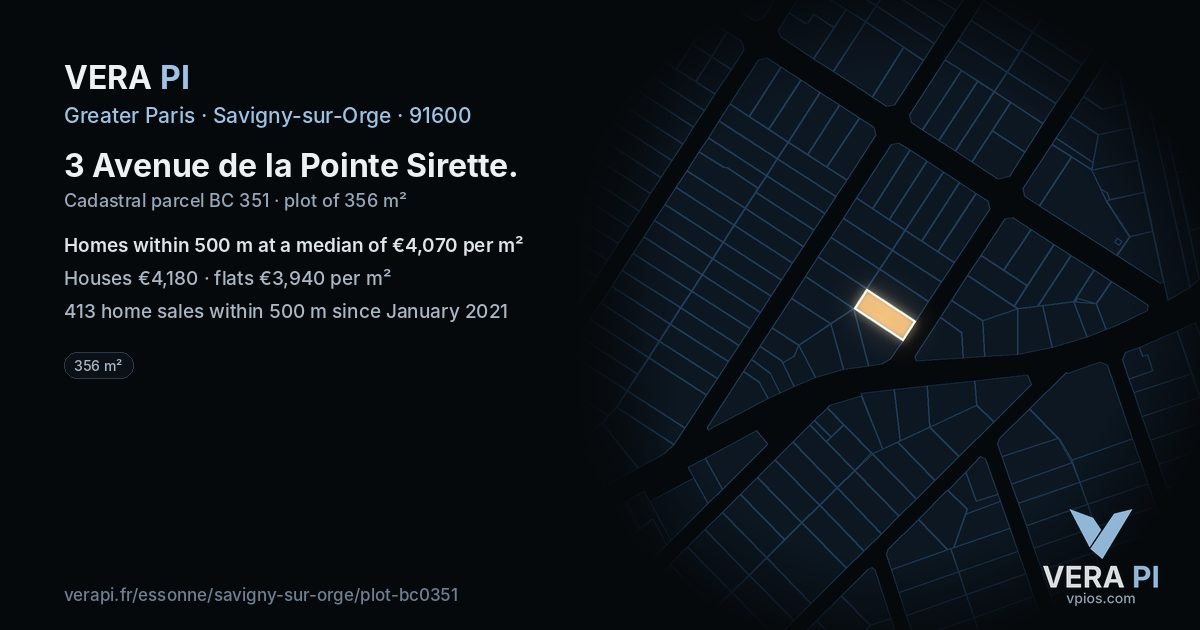 3 Avenue de la Pointe Sirette, Savigny-sur-Orge at night – the plot lit, the parcels around coloured by the prices near them