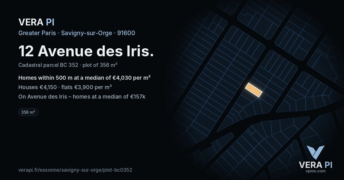12 Avenue des Iris, Savigny-sur-Orge at night – the plot lit, the parcels around coloured by the prices near them