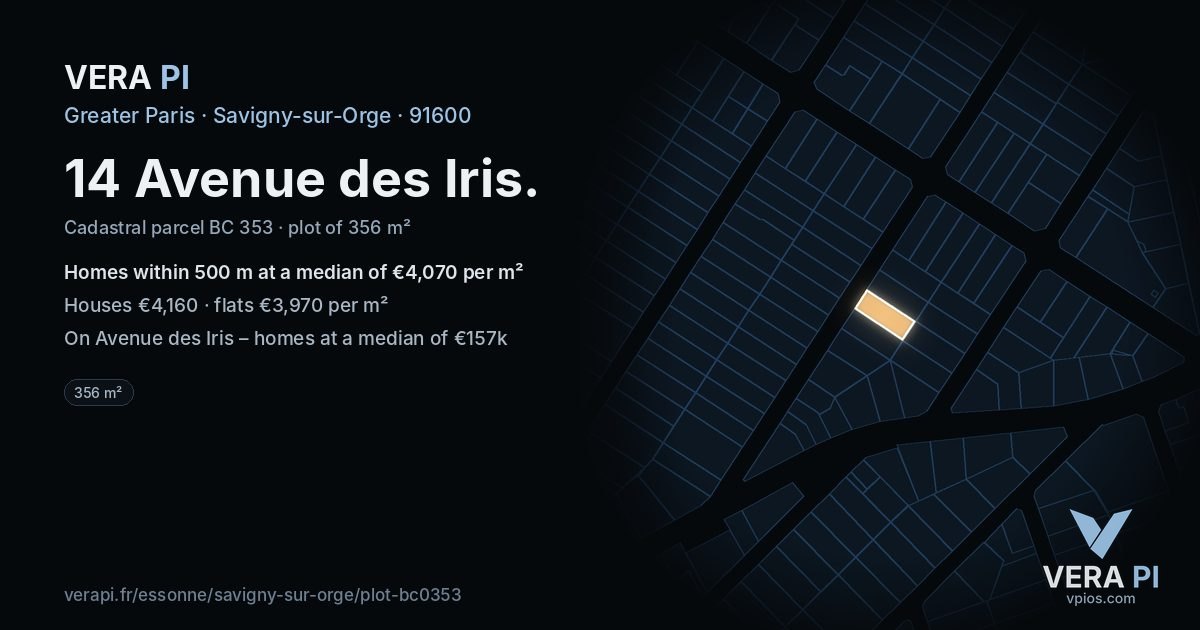 14 Avenue des Iris, Savigny-sur-Orge at night – the plot lit, the parcels around coloured by the prices near them