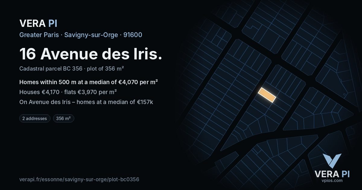 16 Avenue des Iris, Savigny-sur-Orge at night – the plot lit, the parcels around coloured by the prices near them