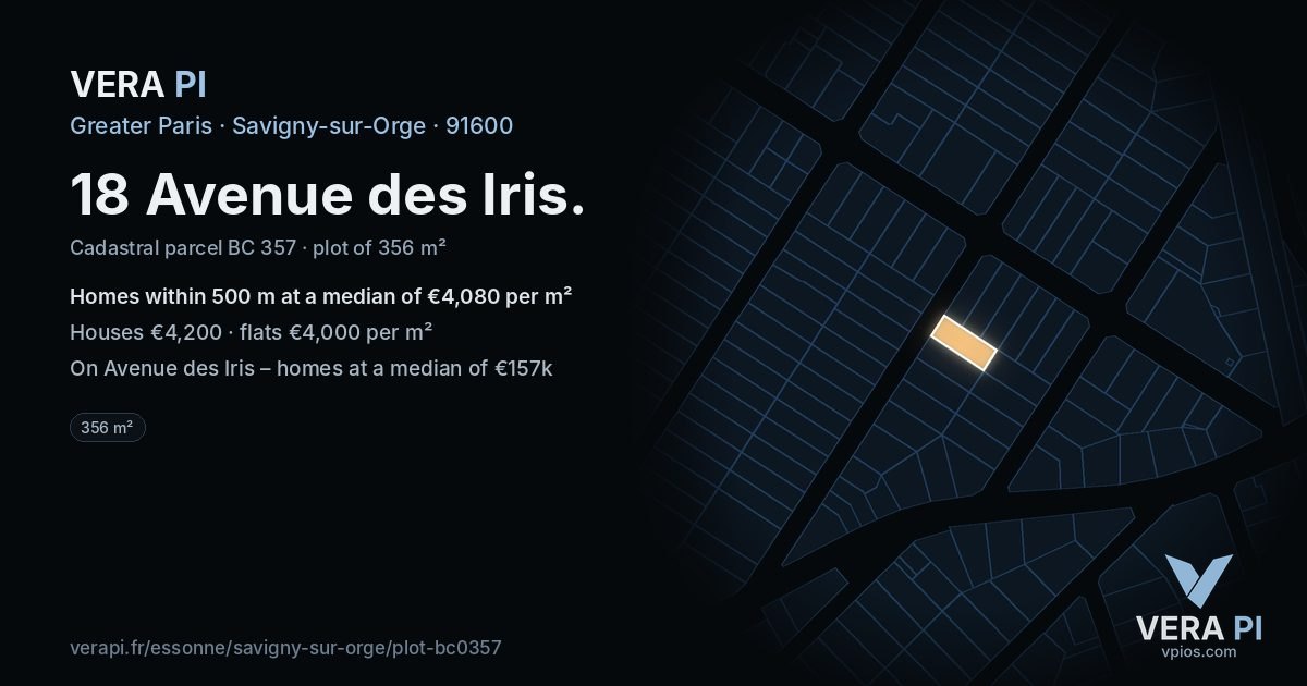 18 Avenue des Iris, Savigny-sur-Orge at night – the plot lit, the parcels around coloured by the prices near them