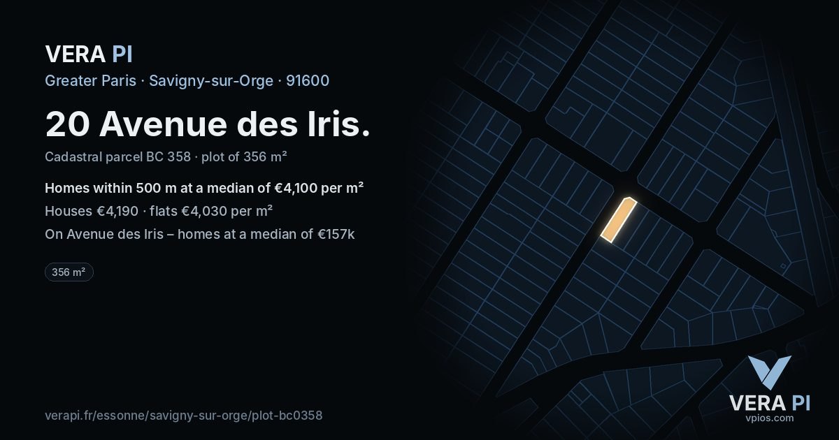 20 Avenue des Iris, Savigny-sur-Orge at night – the plot lit, the parcels around coloured by the prices near them