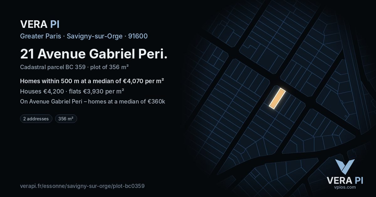 21 Avenue Gabriel Peri, Savigny-sur-Orge at night – the plot lit, the parcels around coloured by the prices near them
