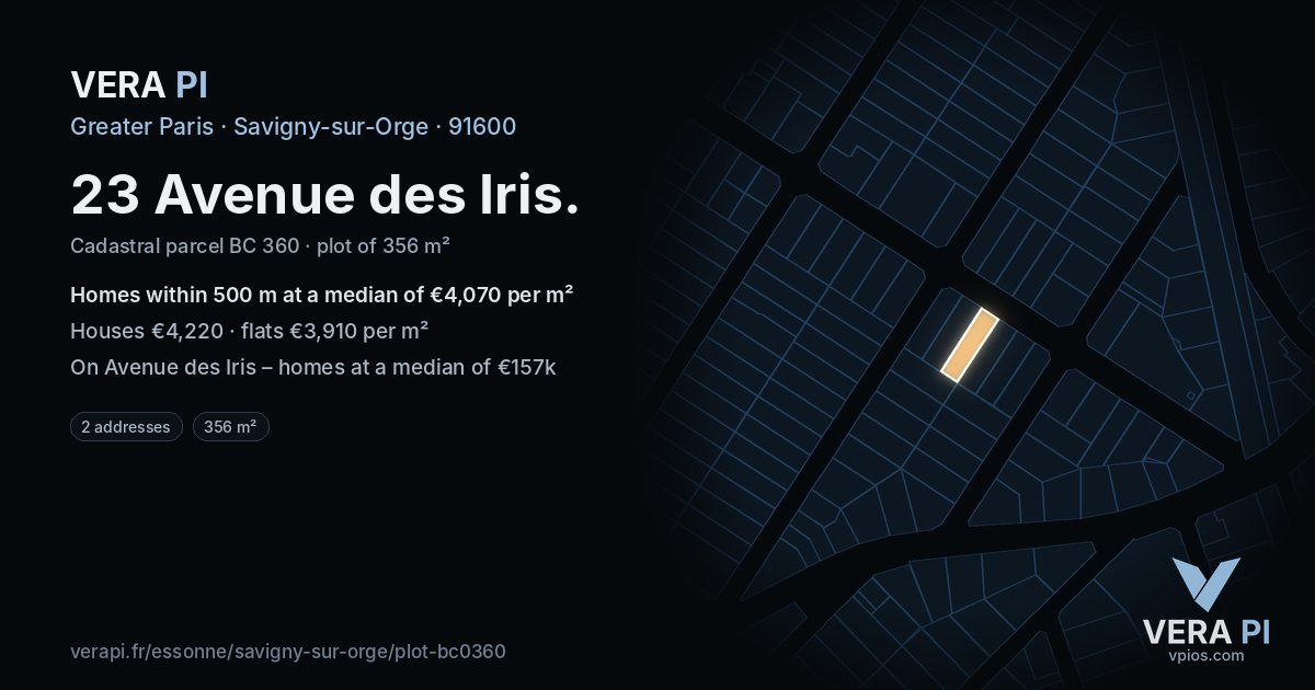 23 Avenue des Iris, Savigny-sur-Orge at night – the plot lit, the parcels around coloured by the prices near them