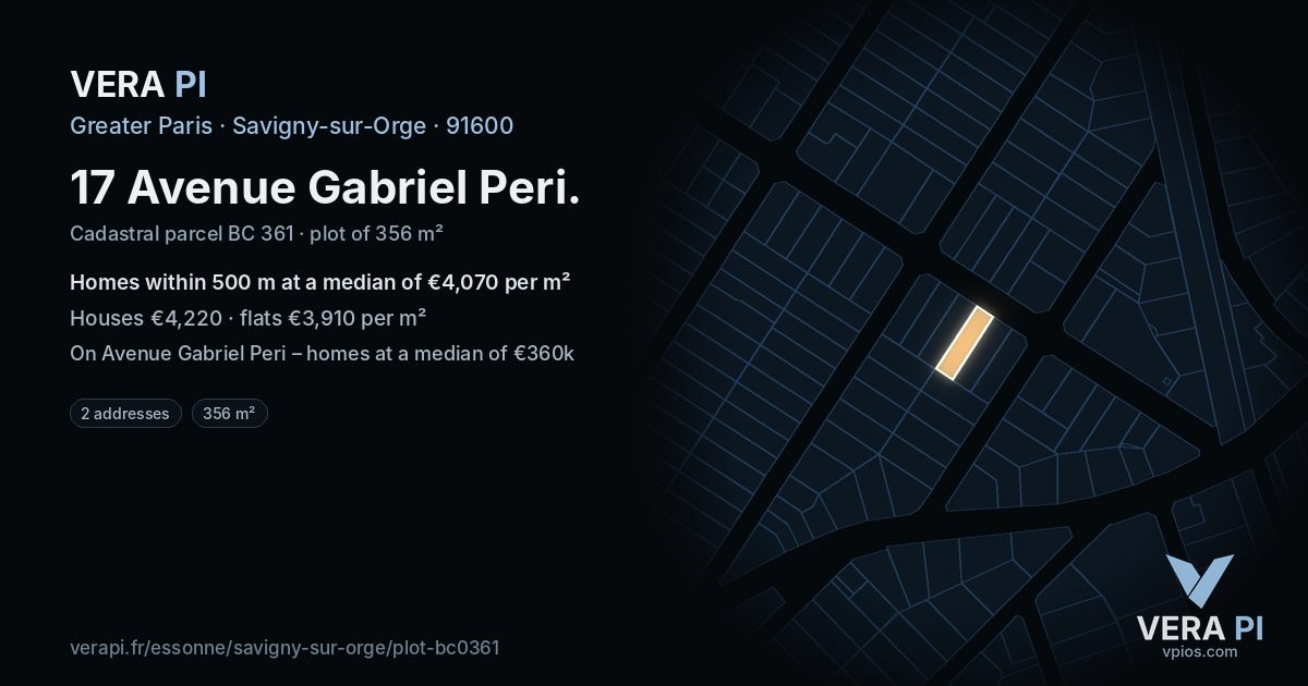 17 Avenue Gabriel Peri, Savigny-sur-Orge at night – the plot lit, the parcels around coloured by the prices near them