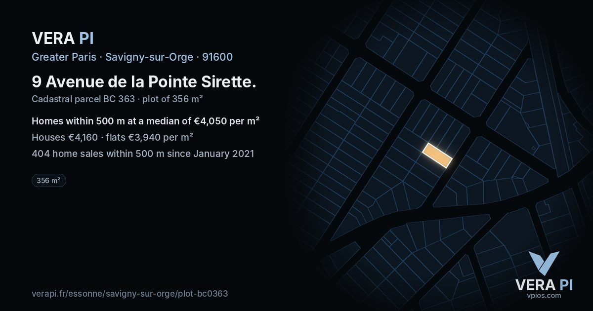 9 Avenue de la Pointe Sirette, Savigny-sur-Orge at night – the plot lit, the parcels around coloured by the prices near them