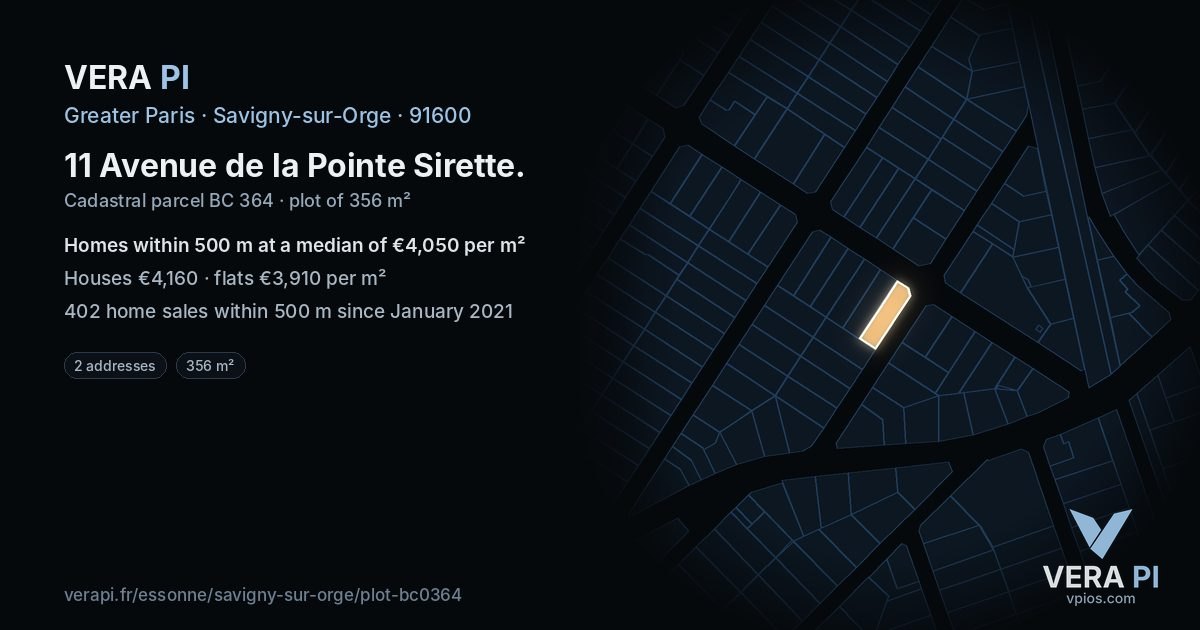 11 Avenue de la Pointe Sirette, Savigny-sur-Orge at night – the plot lit, the parcels around coloured by the prices near them