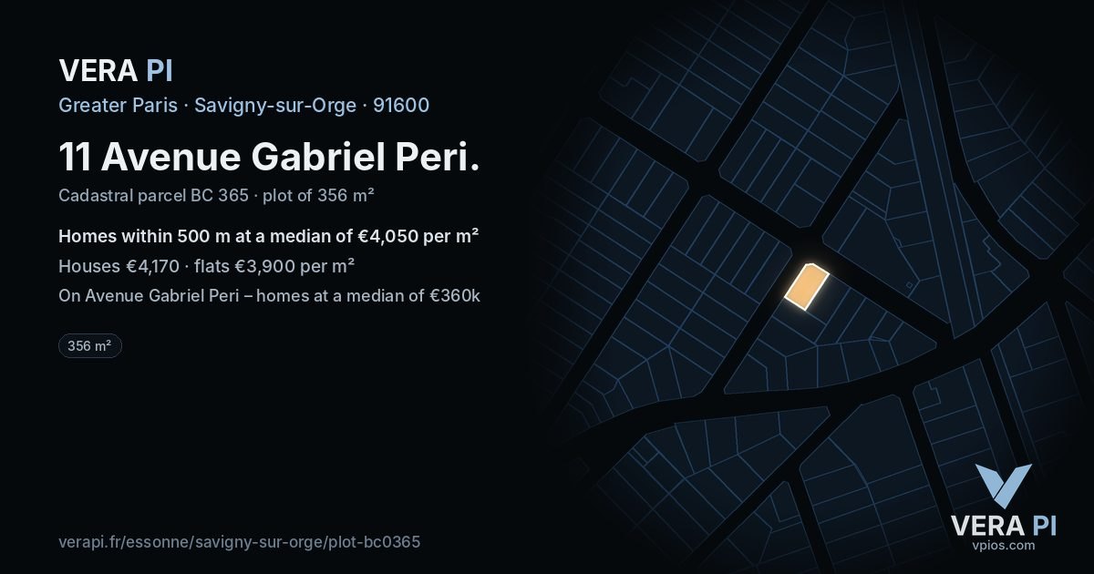 11 Avenue Gabriel Peri, Savigny-sur-Orge at night – the plot lit, the parcels around coloured by the prices near them
