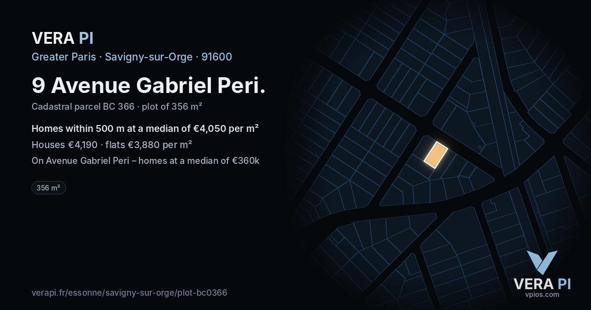 9 Avenue Gabriel Peri, Savigny-sur-Orge at night – the plot lit, the parcels around coloured by the prices near them