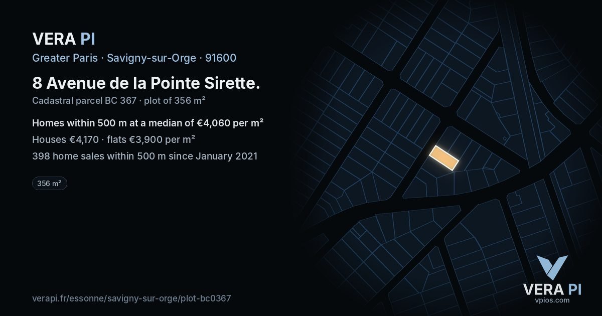 8 Avenue de la Pointe Sirette, Savigny-sur-Orge at night – the plot lit, the parcels around coloured by the prices near them