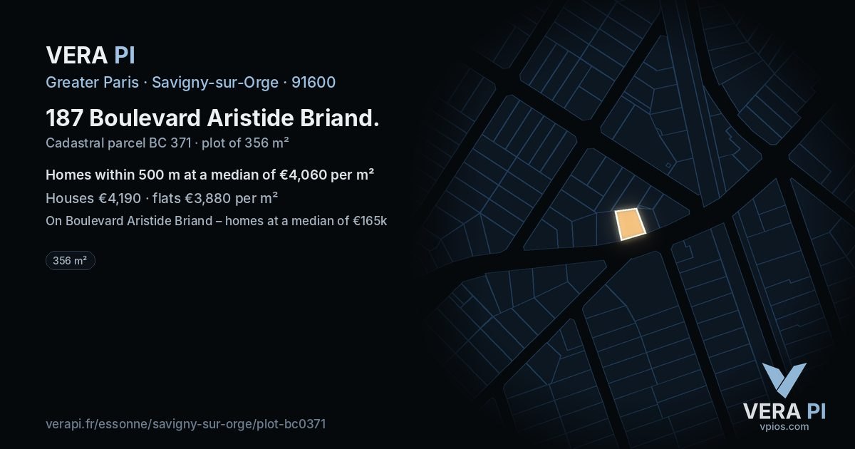 187 Boulevard Aristide Briand, Savigny-sur-Orge at night – the plot lit, the parcels around coloured by the prices near them