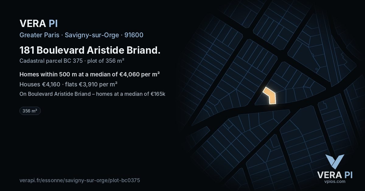 181 Boulevard Aristide Briand, Savigny-sur-Orge at night – the plot lit, the parcels around coloured by the prices near them