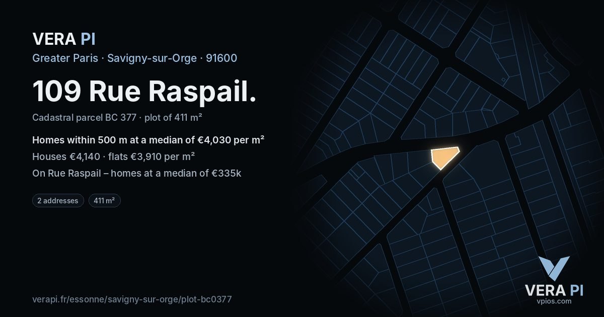 109 Rue Raspail, Savigny-sur-Orge at night – the plot lit, the parcels around coloured by the prices near them