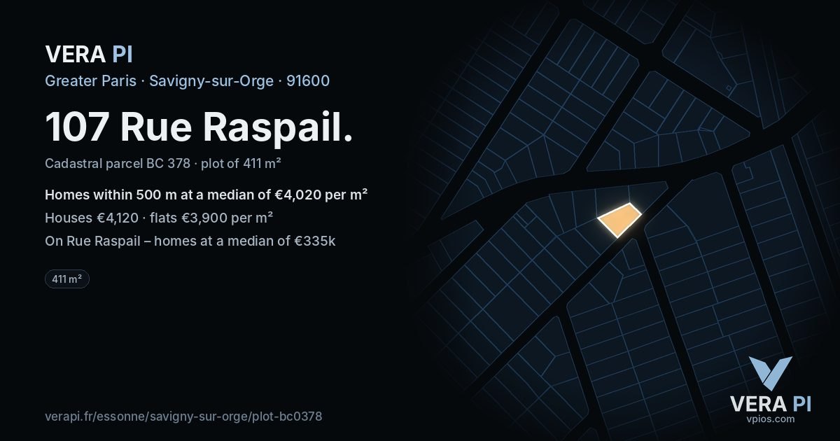 107 Rue Raspail, Savigny-sur-Orge at night – the plot lit, the parcels around coloured by the prices near them