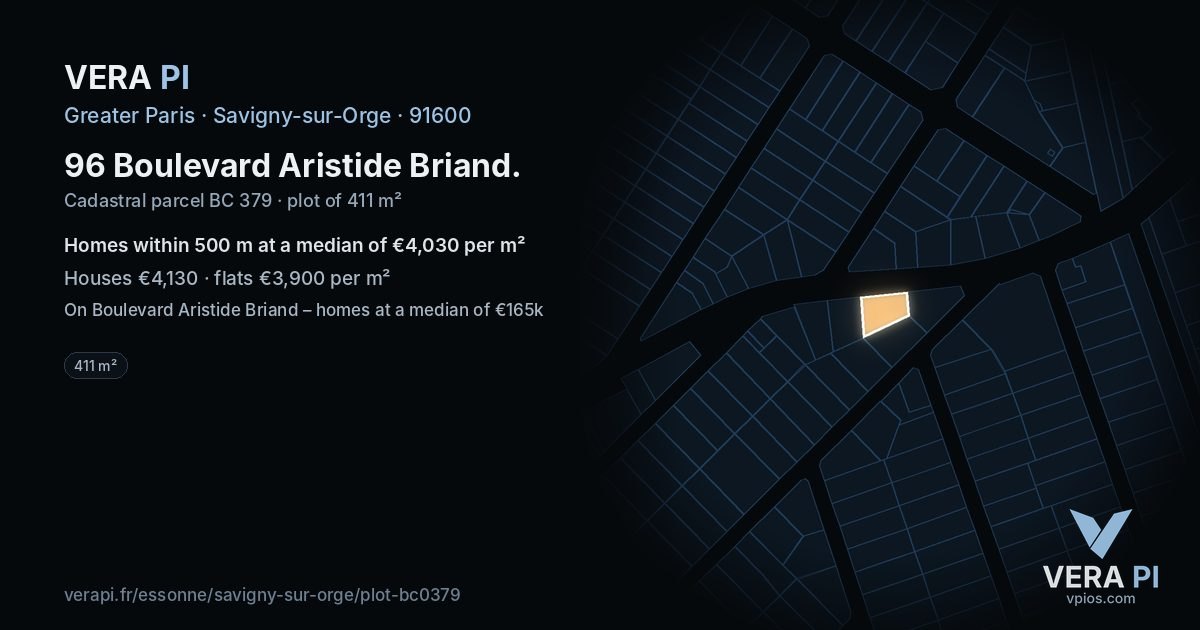 96 Boulevard Aristide Briand, Savigny-sur-Orge at night – the plot lit, the parcels around coloured by the prices near them