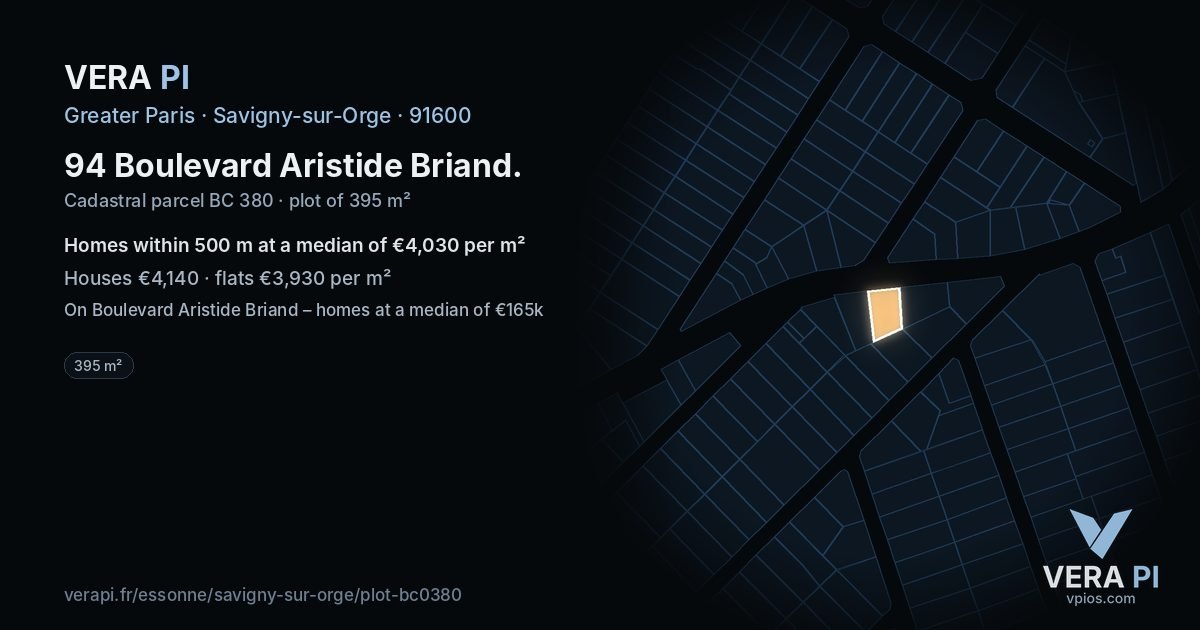 94 Boulevard Aristide Briand, Savigny-sur-Orge at night – the plot lit, the parcels around coloured by the prices near them