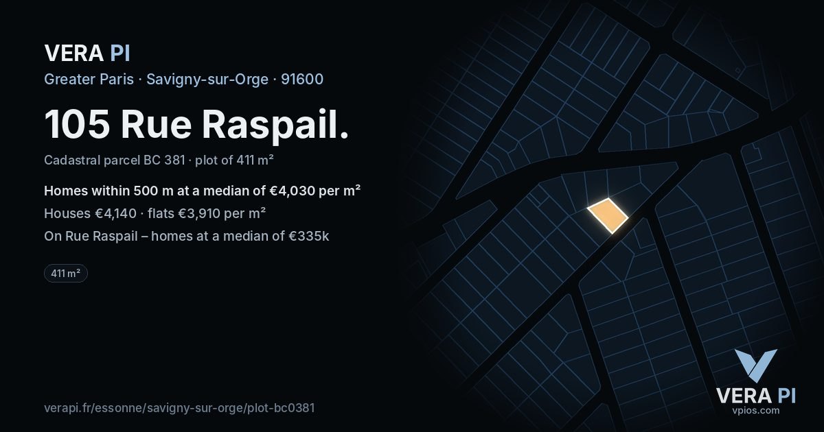 105 Rue Raspail, Savigny-sur-Orge at night – the plot lit, the parcels around coloured by the prices near them