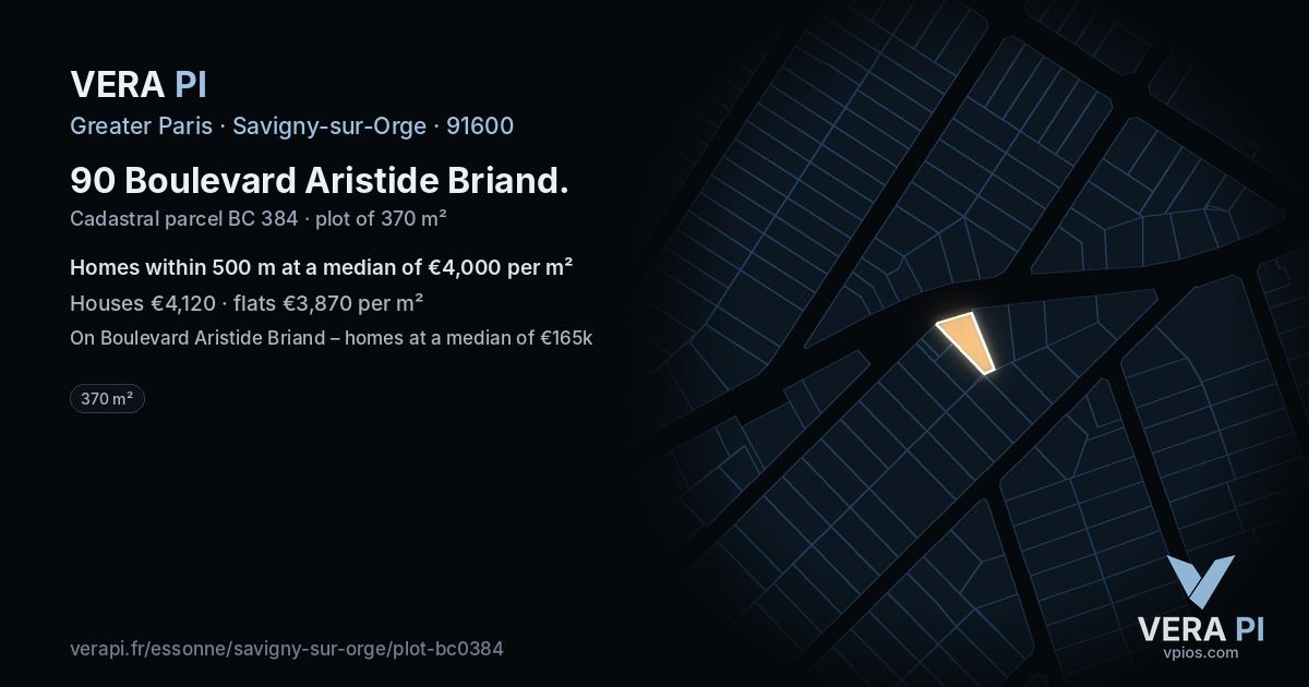90 Boulevard Aristide Briand, Savigny-sur-Orge at night – the plot lit, the parcels around coloured by the prices near them