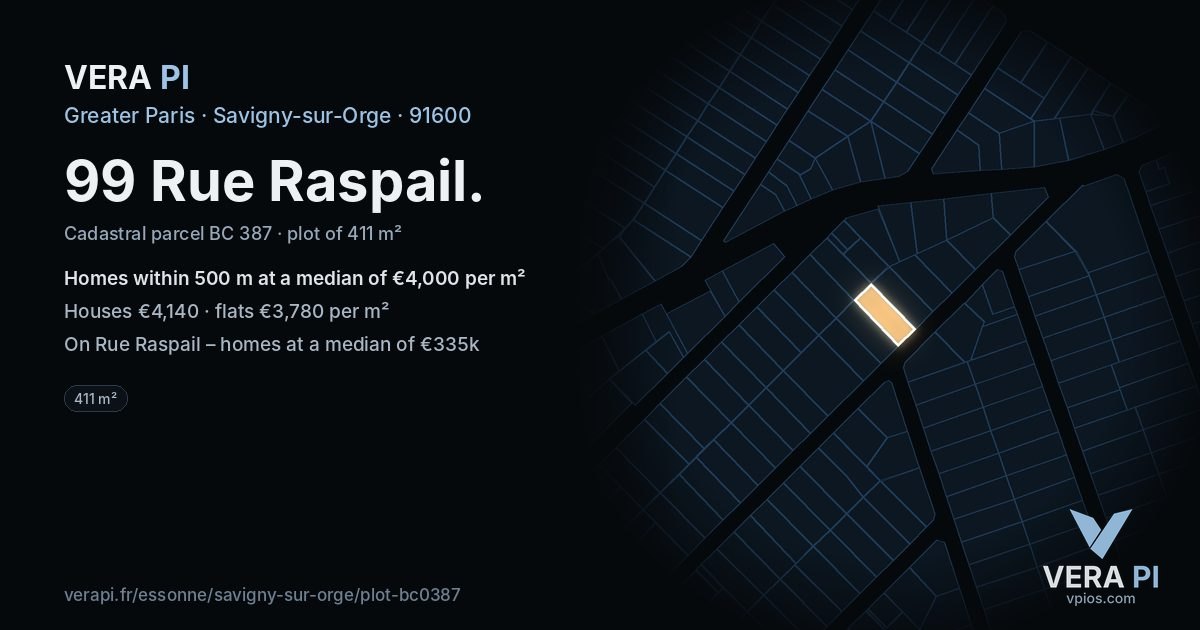 99 Rue Raspail, Savigny-sur-Orge at night – the plot lit, the parcels around coloured by the prices near them