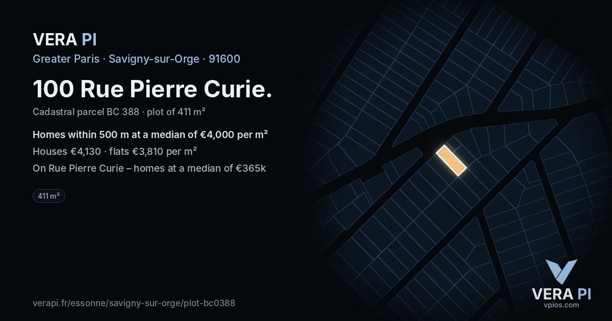 100 Rue Pierre Curie, Savigny-sur-Orge at night – the plot lit, the parcels around coloured by the prices near them